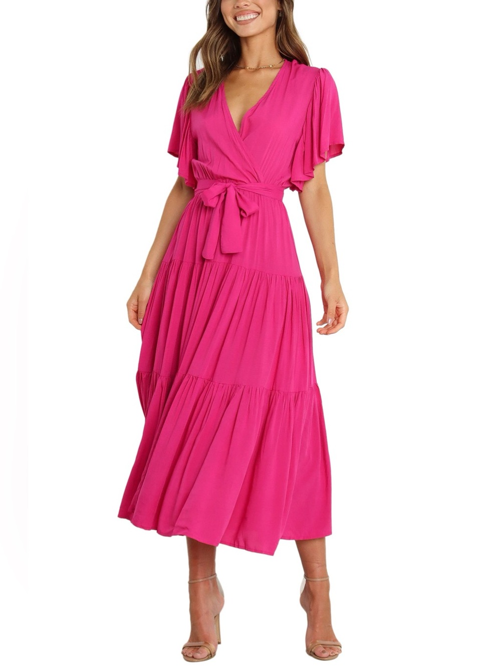 Petal + Pup Barker Flutter Sleeve Tiered Dress, XS